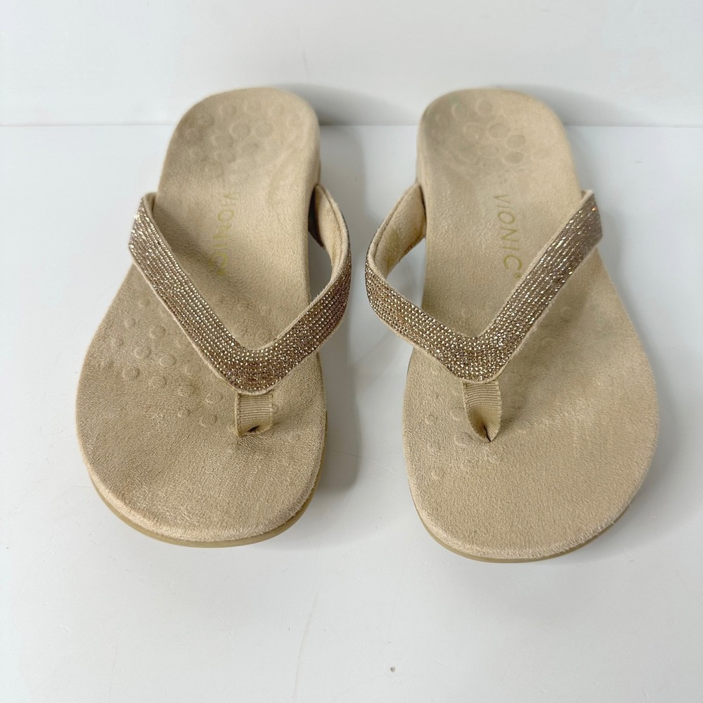 Vionic Dillon Shine Champagne Rhinestone Thong Flip Flop Sandals Comfort Size 6